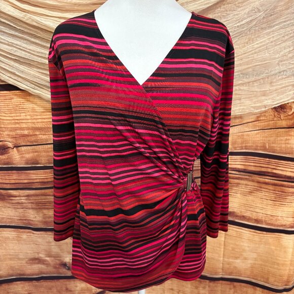 Calvin Klein Womens Long Sleeve Striped Red Pink Black V Neck Blouse Sz M - Picture 1 of 11